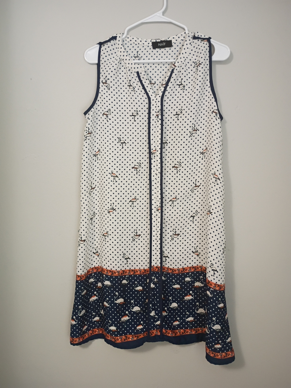 NAIF White Mini Dress with Navy & Orange Flamingo Border